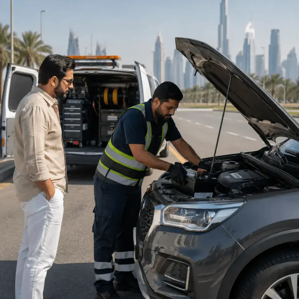 فني يضع بطارية جديدة في حجرة المحرك