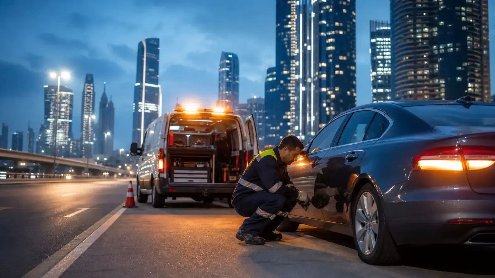 Technician carrying out 24/7 Car Roadside Assistance on a car in Silicon Oasis