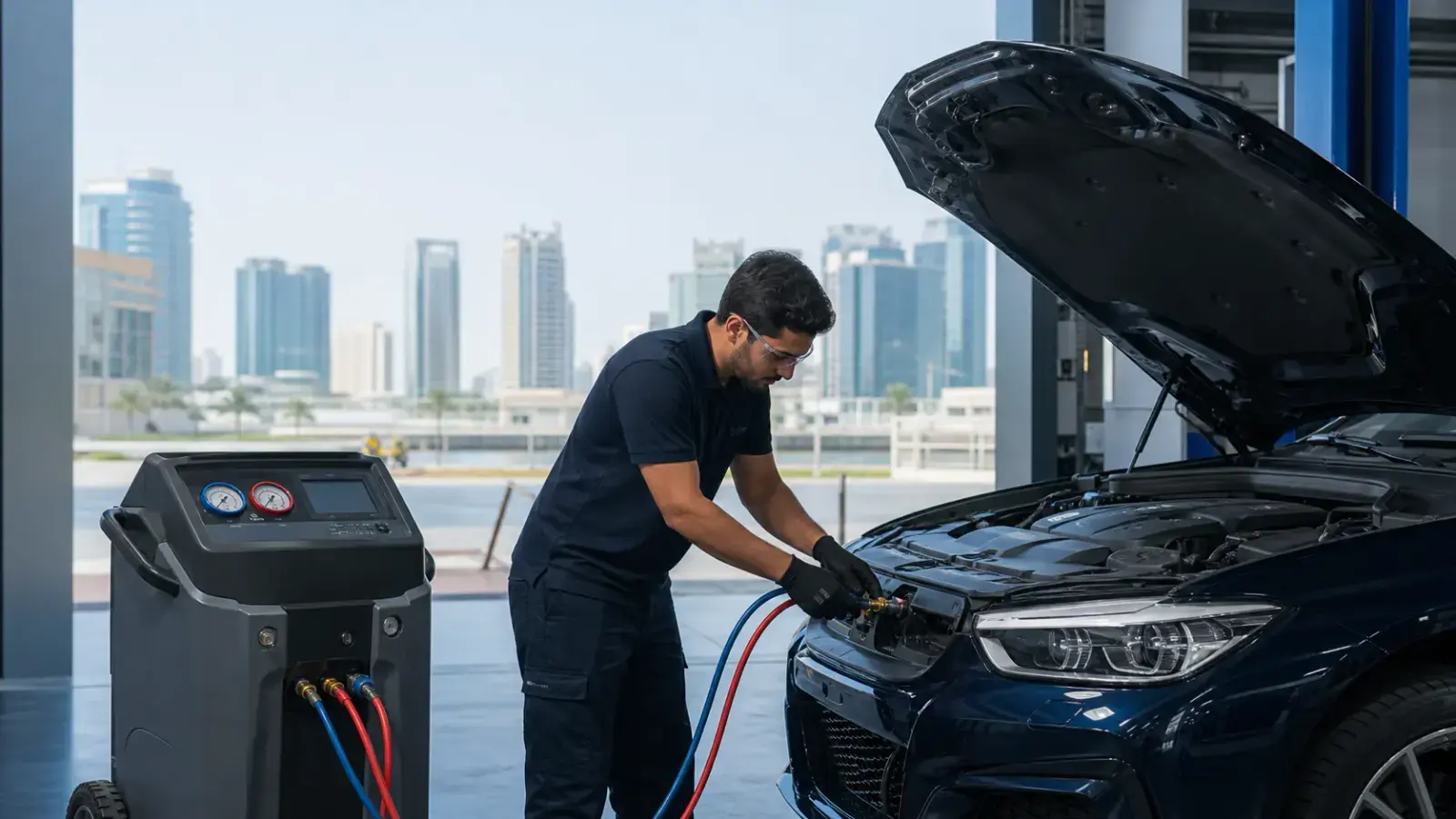 Technician carrying out AC Gas Refilling on a car in Silicon Oasis