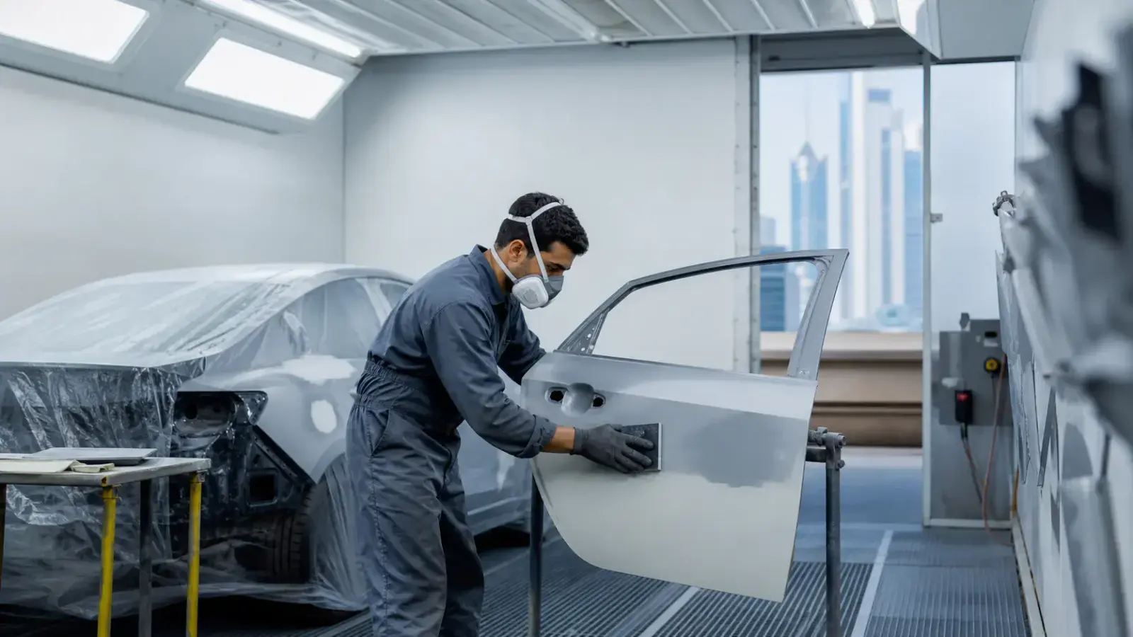 Technician carrying out Body and Paint on a car in Silicon Oasis