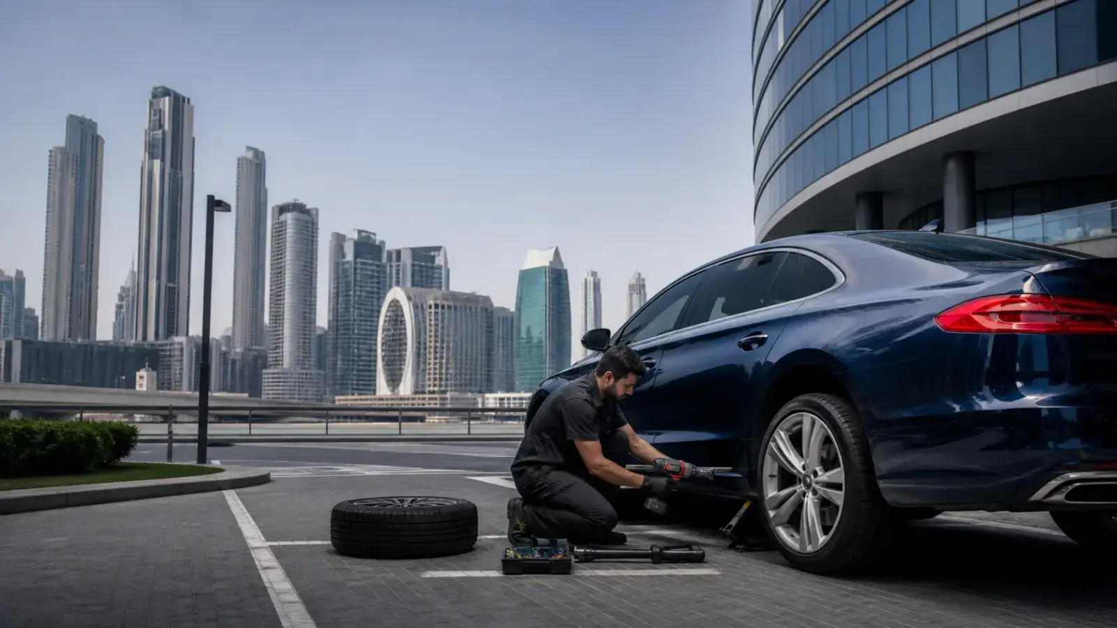 Technician carrying out Flat Tyre Fix on a car in Silicon Oasis