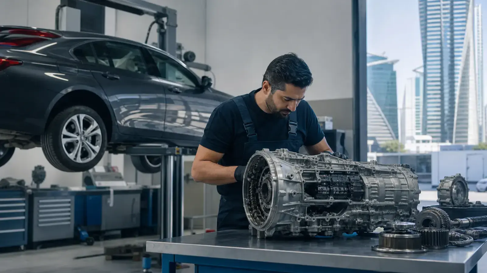 Technician carrying out Gearbox Repair on a car in Silicon Oasis