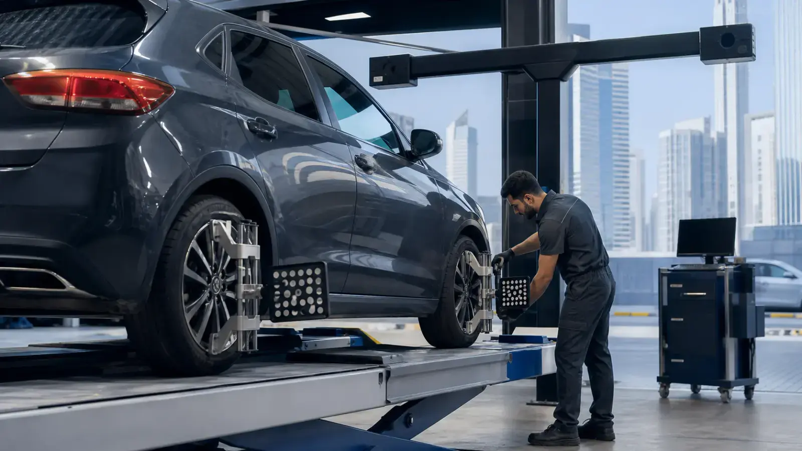 Technician carrying out Suspension Alignment on a car in Silicon Oasis
