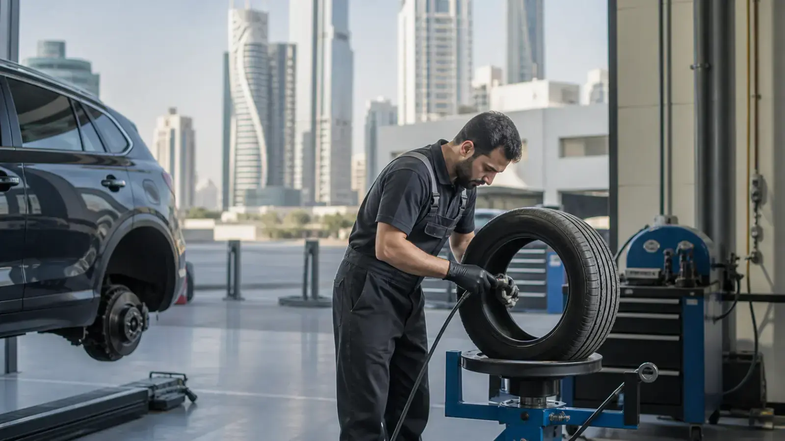 Technician carrying out Tyre Puncture and Repair on a car in Silicon Oasis