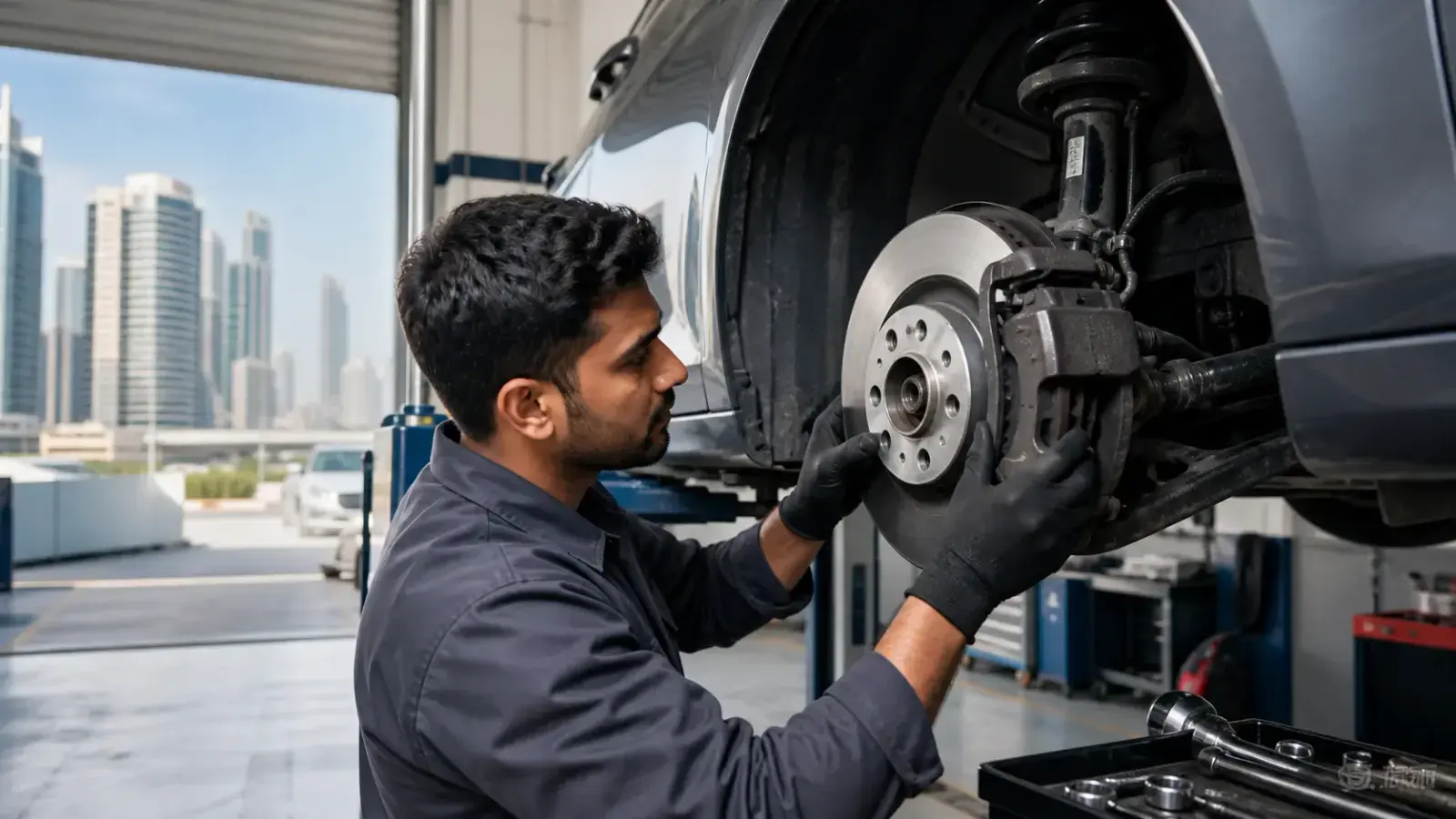 Technician carrying out Brake Pad Replacement on a car in Silicon Oasis